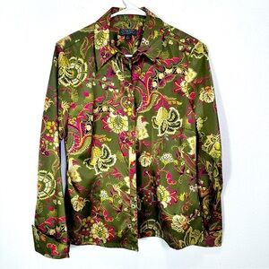Classique Entier Dark Green Pink Paisley Long Sleeve Button Down Blouse Size 8